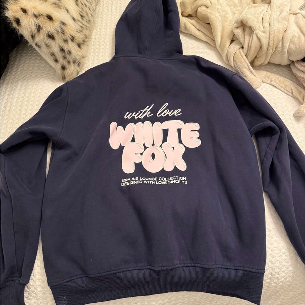 White Fox Boutique Navy Hoodie with Pink Logo